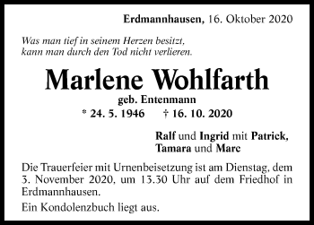 Traueranzeige von Marlene Wohlfarth von Marbacher Zeitung
