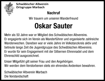 Traueranzeige von Oskar Sauter von Marbacher Zeitung