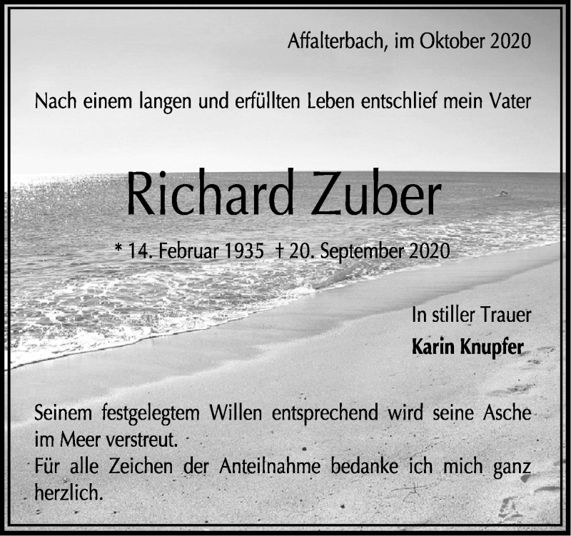  Traueranzeige für Richard Zuber vom 06.10.2020 aus Marbacher Zeitung