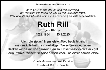 Traueranzeige von Ruth Rill von Marbacher Zeitung