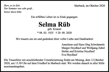 Traueranzeige von Selma Rüb von Marbacher Zeitung