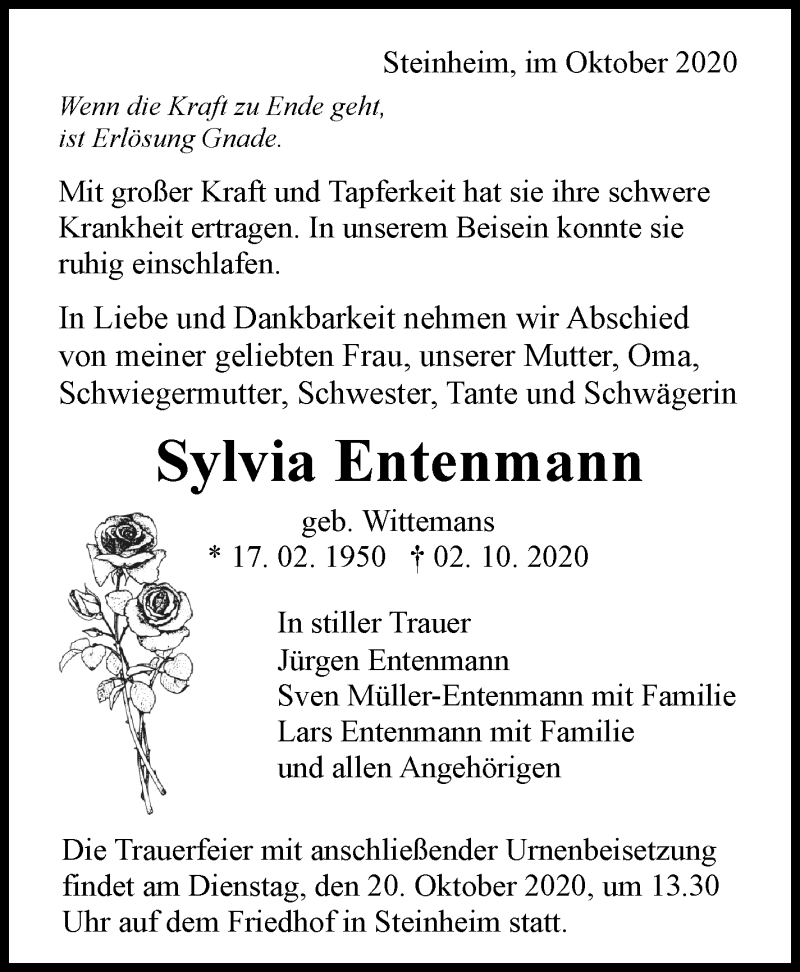  Traueranzeige für Sylvia Entenmann vom 13.10.2020 aus Marbacher Zeitung