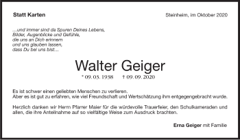 Traueranzeige von Walter Geiger von Marbacher Zeitung