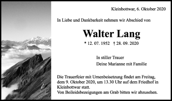 Traueranzeige von Walter Lang von Marbacher Zeitung