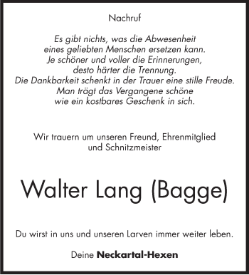 Traueranzeige von Walter Lang von Marbacher Zeitung