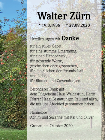 Traueranzeige von Walter Zürn von Marbacher Zeitung