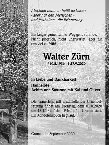 Traueranzeige von Walter Zürn von Marbacher Zeitung