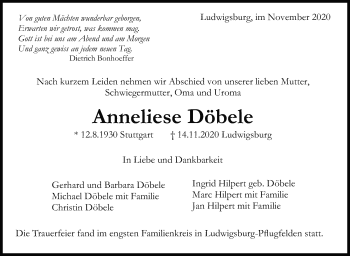 Traueranzeige von Anneliese Döbele von Marbacher Zeitung