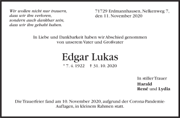 Traueranzeige von Edgar Lukas von Marbacher Zeitung