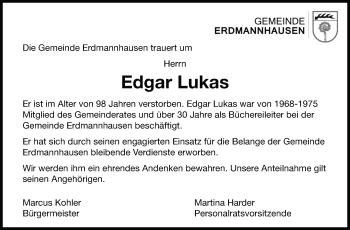Traueranzeige von Edgar Lukas von Marbacher Zeitung