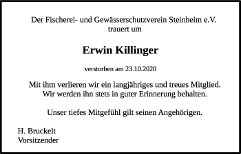 Traueranzeige von Erwin Killinger von Marbacher Zeitung