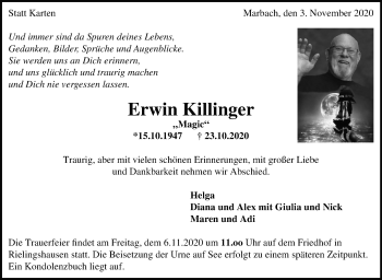 Traueranzeige von Erwin Killinger von Marbacher Zeitung