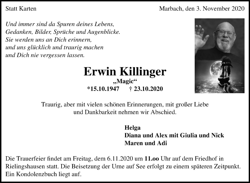  Traueranzeige für Erwin Killinger vom 03.11.2020 aus Marbacher Zeitung
