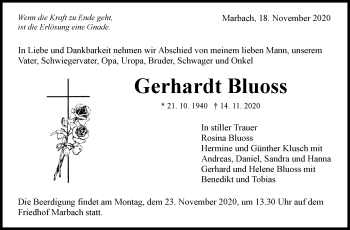 Traueranzeige von Gerhardt Bluoss von Marbacher Zeitung