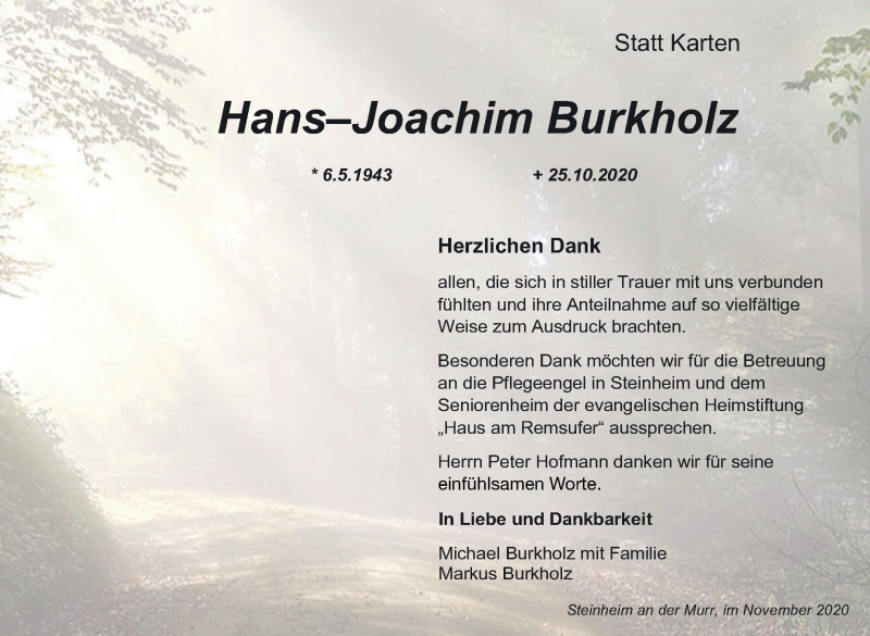  Traueranzeige für Hans-Joachim Burkholz vom 26.11.2020 aus Marbacher Zeitung