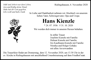 Traueranzeige von Hans Kienzle von Marbacher Zeitung
