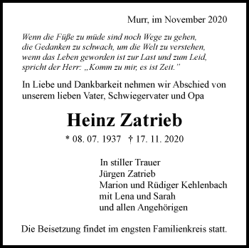 Traueranzeige von Heinz Zatrieb von Marbacher Zeitung