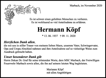 Traueranzeige von Hermann Köpf von Marbacher Zeitung