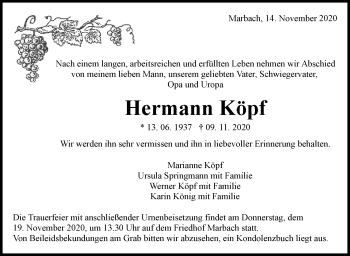 Traueranzeige von Hermann Köpf von Marbacher Zeitung