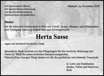 Traueranzeige von Herta Sasse von Marbacher Zeitung