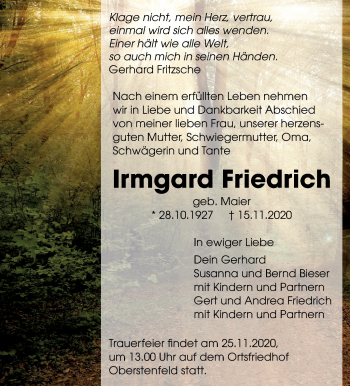 Traueranzeige von Irmgard Friedrich von Marbacher Zeitung