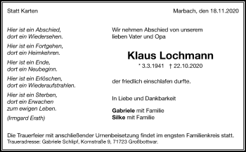 Traueranzeige von Klaus Lochmann von Marbacher Zeitung