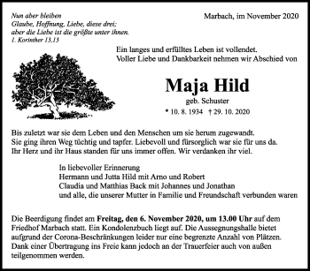 Traueranzeige von Maja Hild von Marbacher Zeitung
