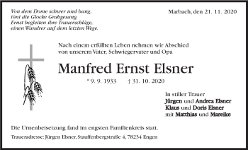 Traueranzeige von Manfred Ernst Elsner von Marbacher Zeitung