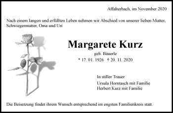 Traueranzeige von Margarete Kurz von Marbacher Zeitung