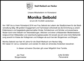 Traueranzeige von Monika Seibold von Marbacher Zeitung