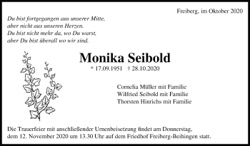 Traueranzeige von Monika Seibold von Marbacher Zeitung