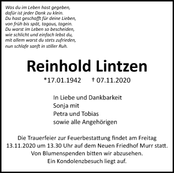 Traueranzeige von Reinhold Lintzen von Marbacher Zeitung