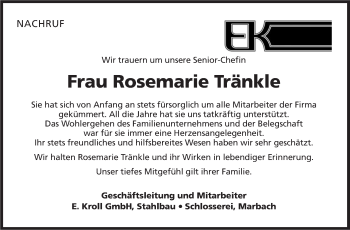 Traueranzeige von Rosemarie Tränkle von Marbacher Zeitung