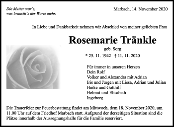 Traueranzeige von Rosemarie Tränkle von Marbacher Zeitung
