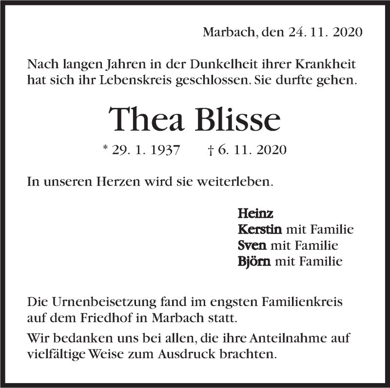  Traueranzeige für Thea Blisse vom 24.11.2020 aus Marbacher Zeitung