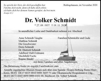 Traueranzeige von Volker Schmidt von Marbacher Zeitung