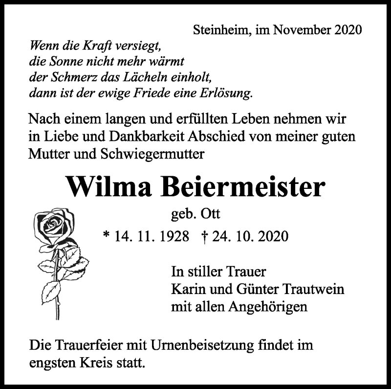  Traueranzeige für Wilma Beiermeister vom 06.11.2020 aus Marbacher Zeitung