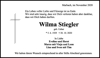 Traueranzeige von Wilma Stiegler von Marbacher Zeitung