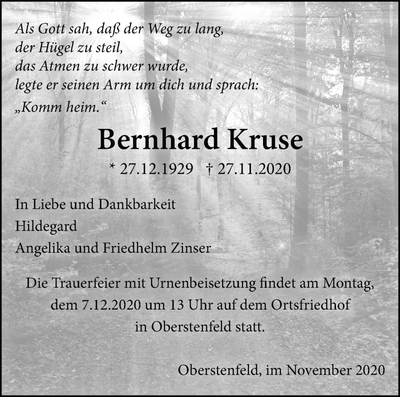  Traueranzeige für Bernhard Kruse vom 04.12.2020 aus Marbacher Zeitung