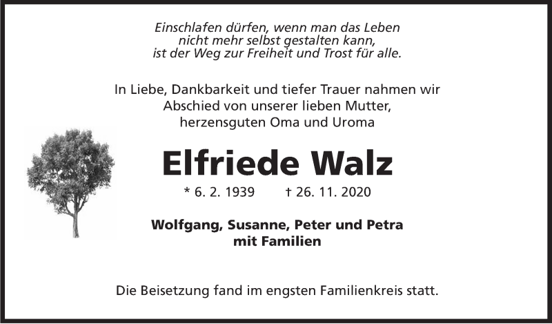  Traueranzeige für Elfriede Walz vom 09.12.2020 aus Marbacher Zeitung