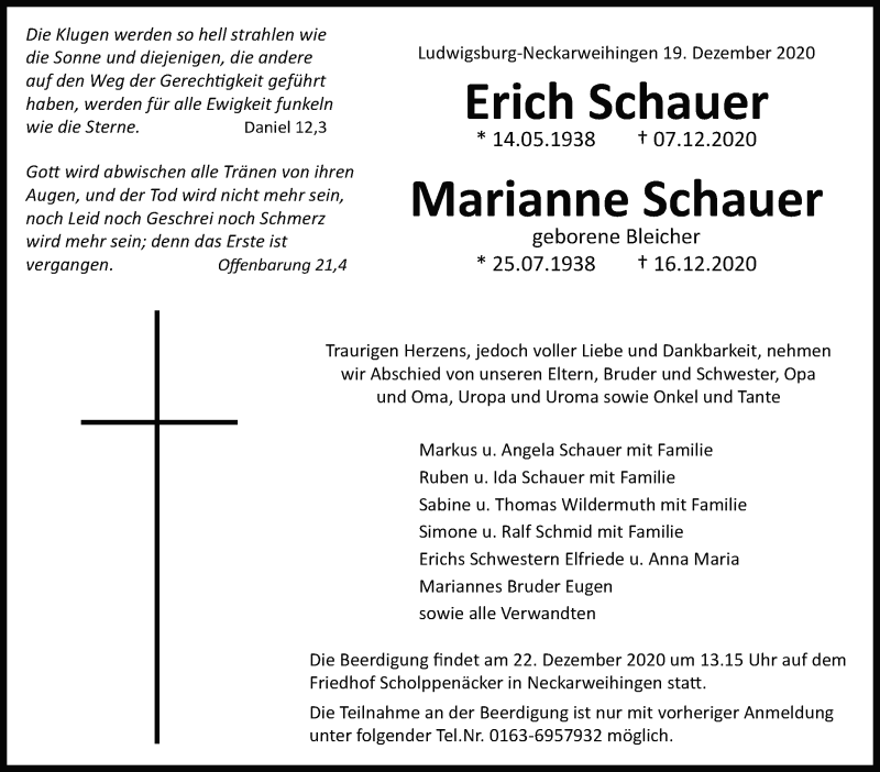 Traueranzeige für Erich und Marianne Schauer vom 19.12.2020 aus Marbacher Zeitung