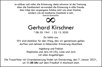 Traueranzeige von Gerhard Kirschner von Marbacher Zeitung