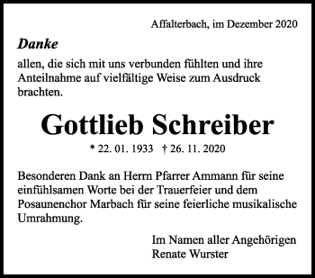 Traueranzeige von Gottlieb Schreiber von Marbacher Zeitung