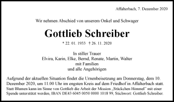 Traueranzeige von Gottlieb Schreiber von Marbacher Zeitung