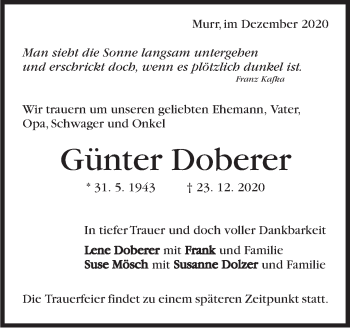 Traueranzeige von Günter Doberer von Marbacher Zeitung