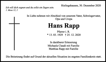 Traueranzeige von Hans Rapp von Marbacher Zeitung