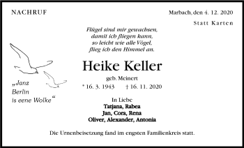 Traueranzeige von Heike Keller von Marbacher Zeitung