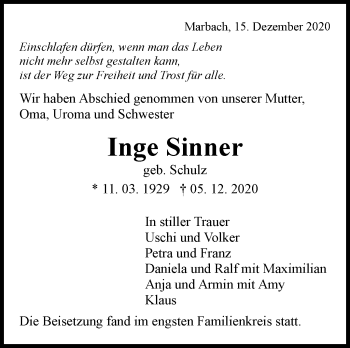 Traueranzeige von Inge Sinner von Marbacher Zeitung