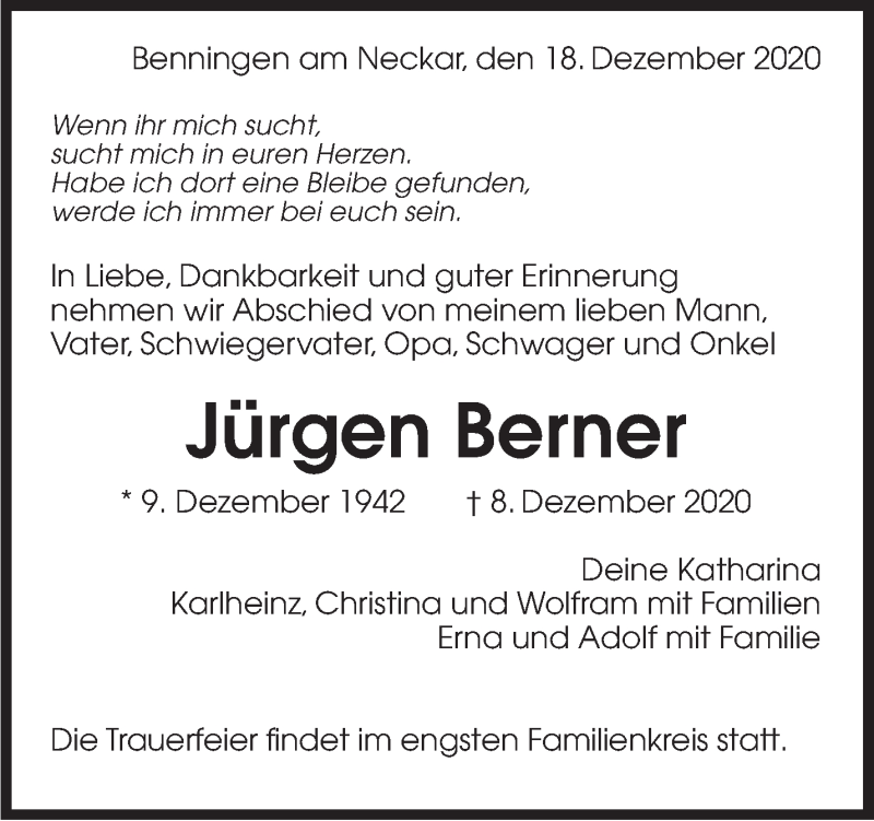  Traueranzeige für Jürgen Berner vom 18.12.2020 aus Marbacher Zeitung