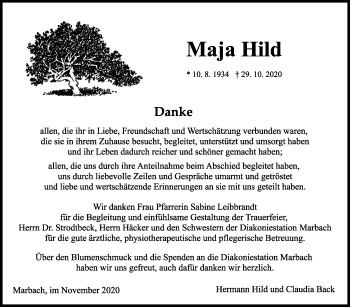 Traueranzeige von Maja Hild von Marbacher Zeitung